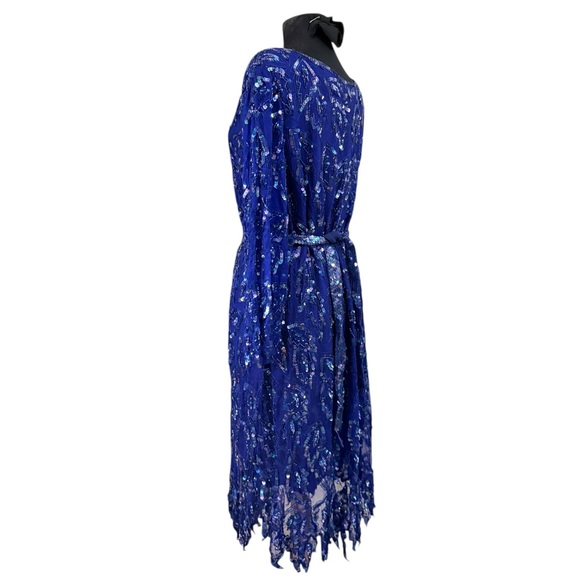 Vintage Carina Royal Blue 100% Silk Sequined Midi Dress - Picture 14 of 16